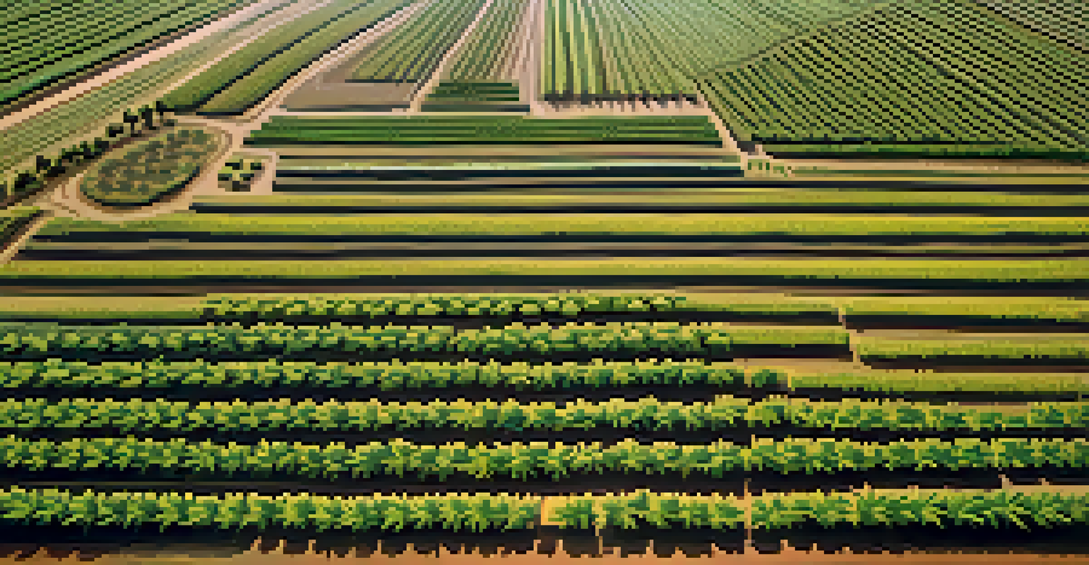 An aerial perspective of a marijuana cultivation site displaying organized rows of green plants against a backdrop of trees and blue sky.