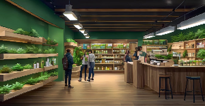 Interior of a busy cannabis dispensary with shelves of products and customers engaging with staff.