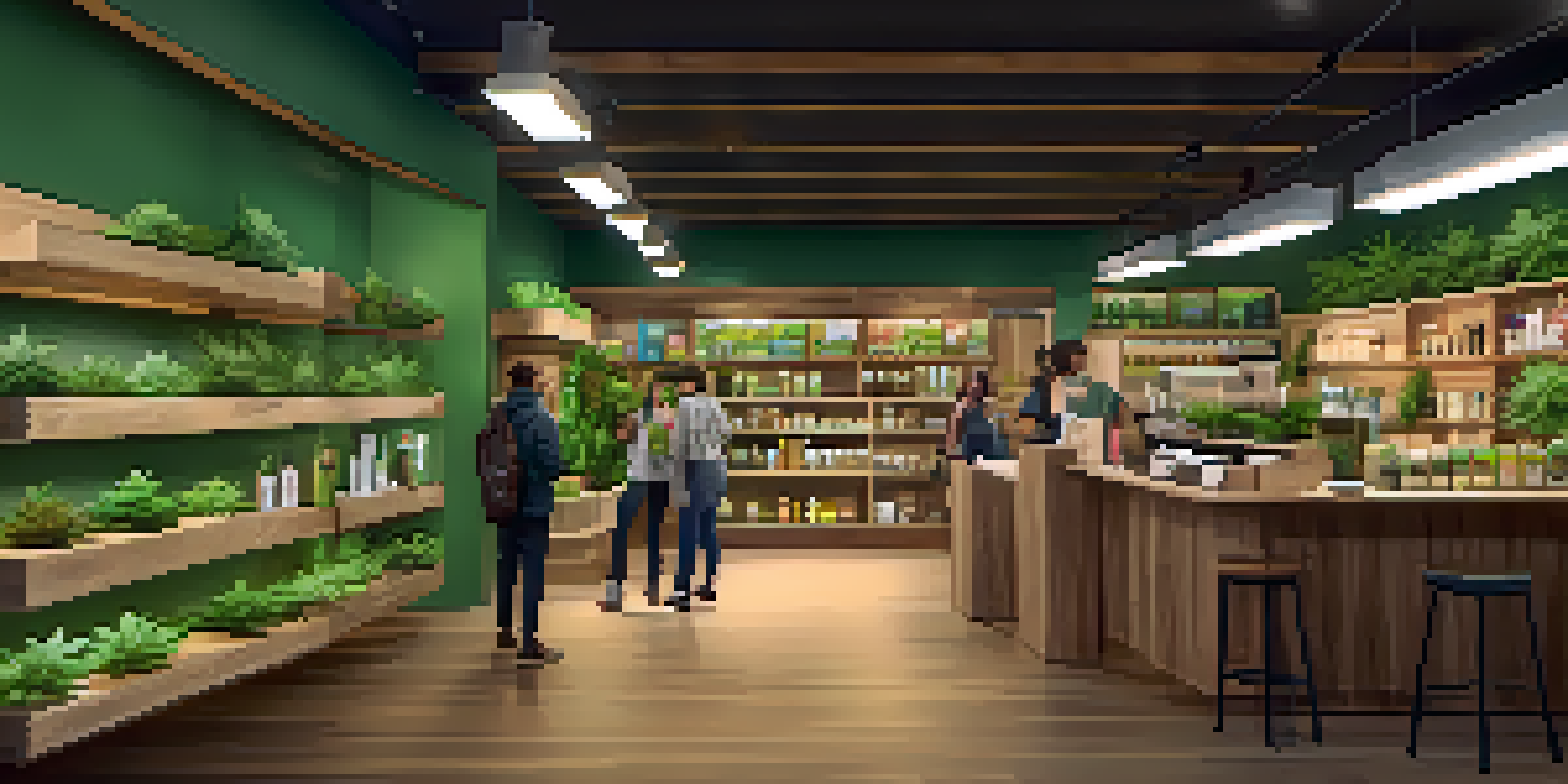 Interior of a busy cannabis dispensary with shelves of products and customers engaging with staff.