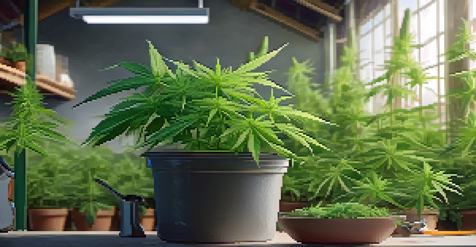 A close-up of a healthy cannabis plant in a sustainable cultivation environment, focusing on vibrant green leaves and flowers.