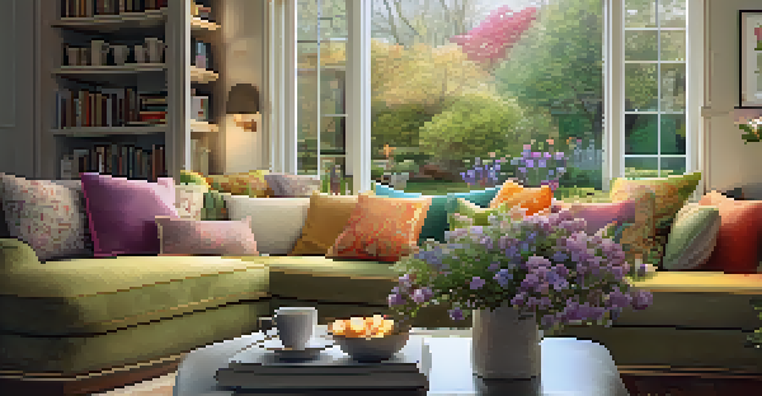 An inviting living room featuring a comfortable sofa with colorful pillows, a coffee table with a cup of tea and an open book, and a view of a blooming garden through a window.
