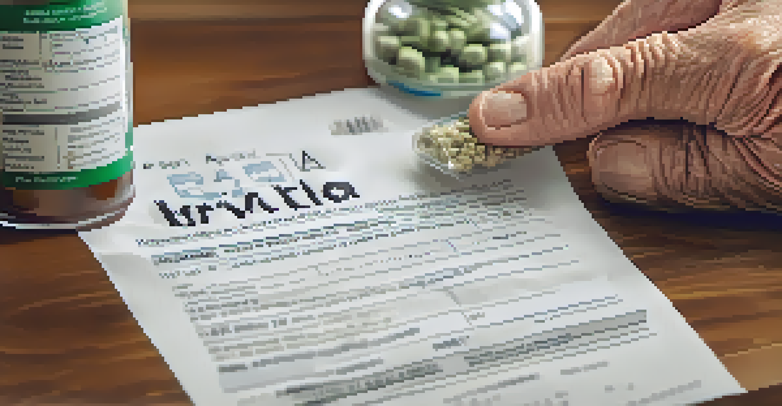 A senior's hand holding a prescription bottle and a jar of marijuana in a doctor's office.