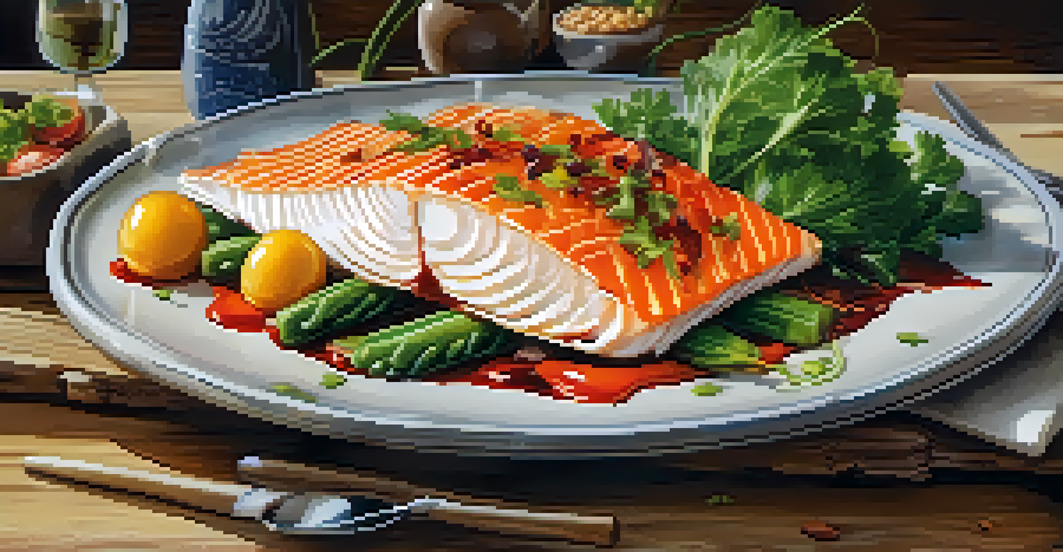 A gourmet dish featuring fish and colorful vegetables, beautifully presented on a rustic table with natural lighting.