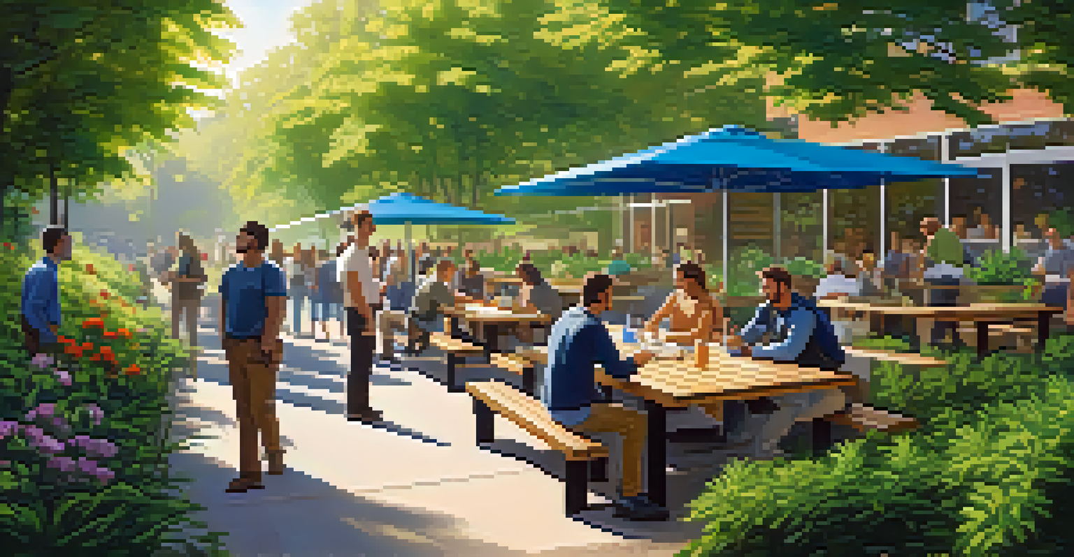 Employees discussing marijuana policies during a break at an outdoor workspace, surrounded by greenery.