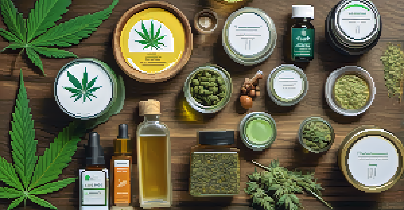 A flat lay of different cannabis products including oils, edibles, and topical creams on a wooden surface.