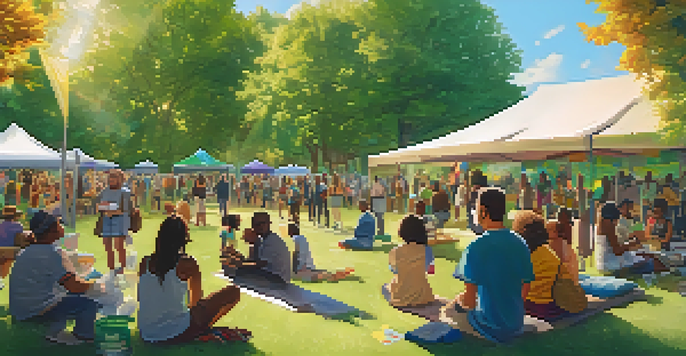 A diverse group of people gathered in a park for a community event about cannabis, engaging in discussions and sharing stories under a warm golden sunlight.