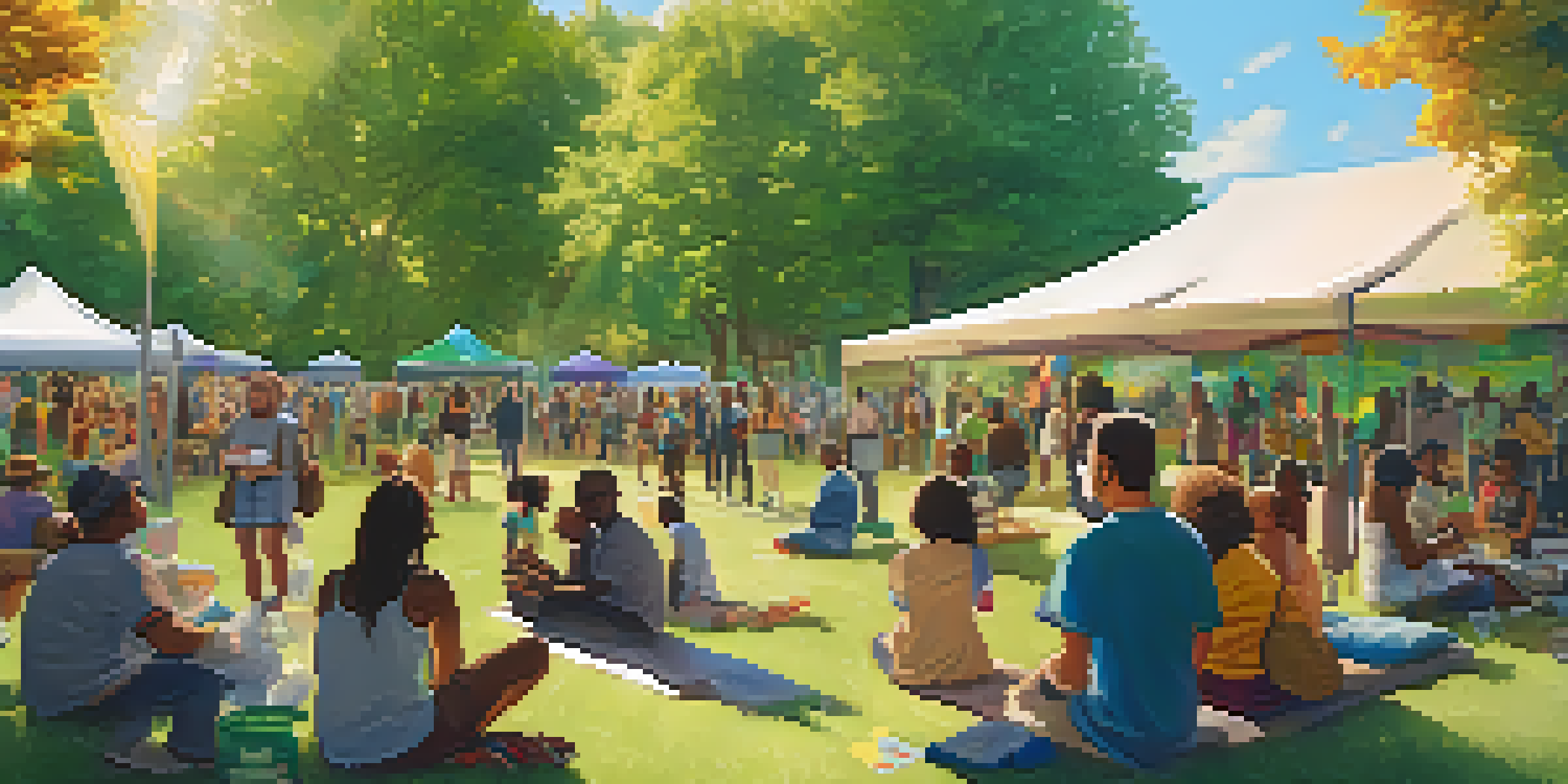 A diverse group of people gathered in a park for a community event about cannabis, engaging in discussions and sharing stories under a warm golden sunlight.