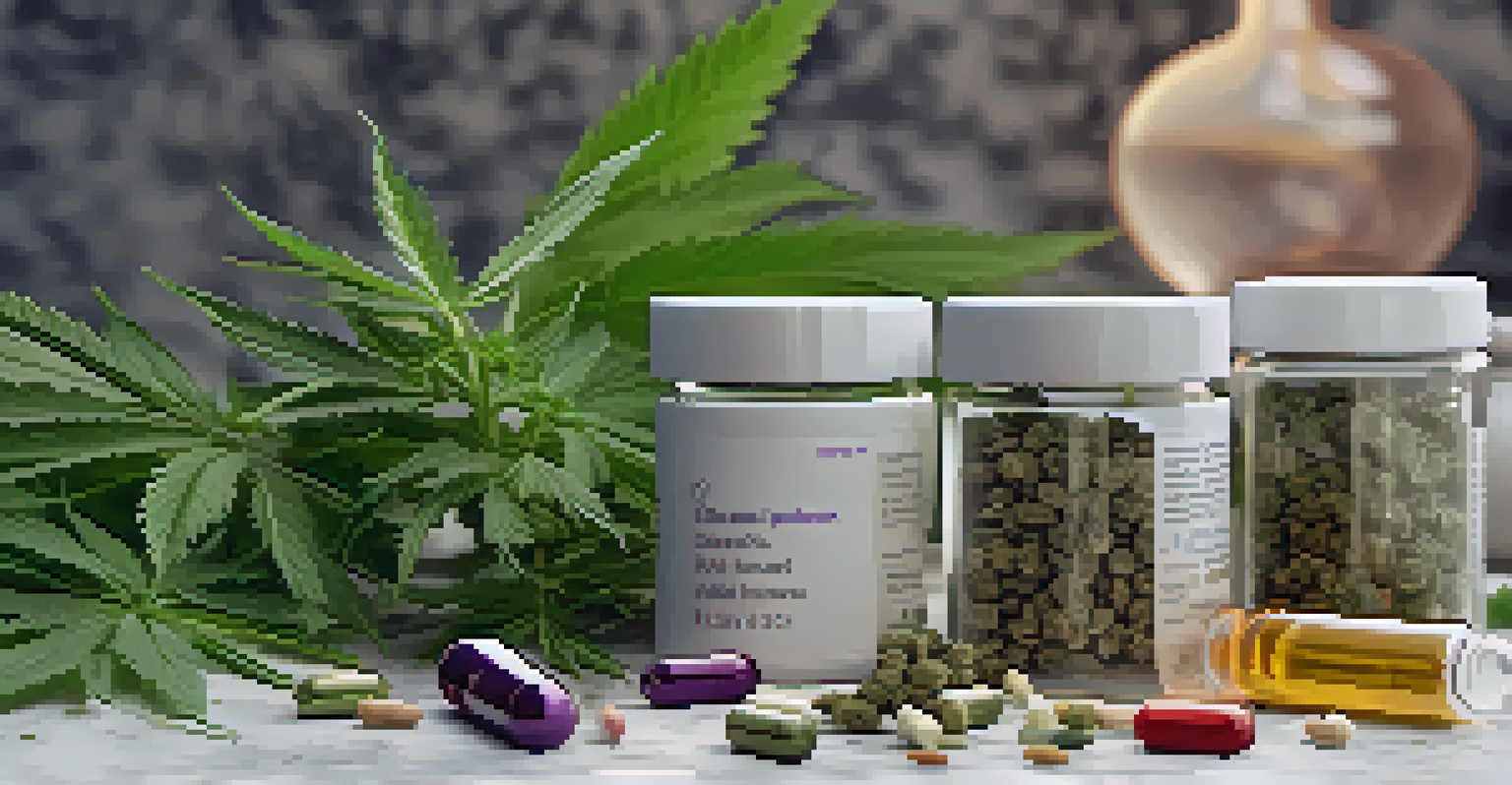 An artistic display of herbal supplements and cannabis strains on a marble countertop, with colorful herbs, capsules, and cannabis buds in a glass jar, illuminated by warm lighting.