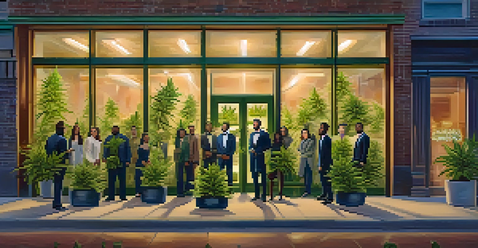A diverse group of cannabis entrepreneurs proudly holding a cannabis plant outside their new business.