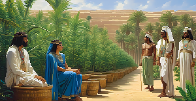 A peaceful scene of ancient Egyptians in a field with marijuana plants, discussing their uses under a bright sky.