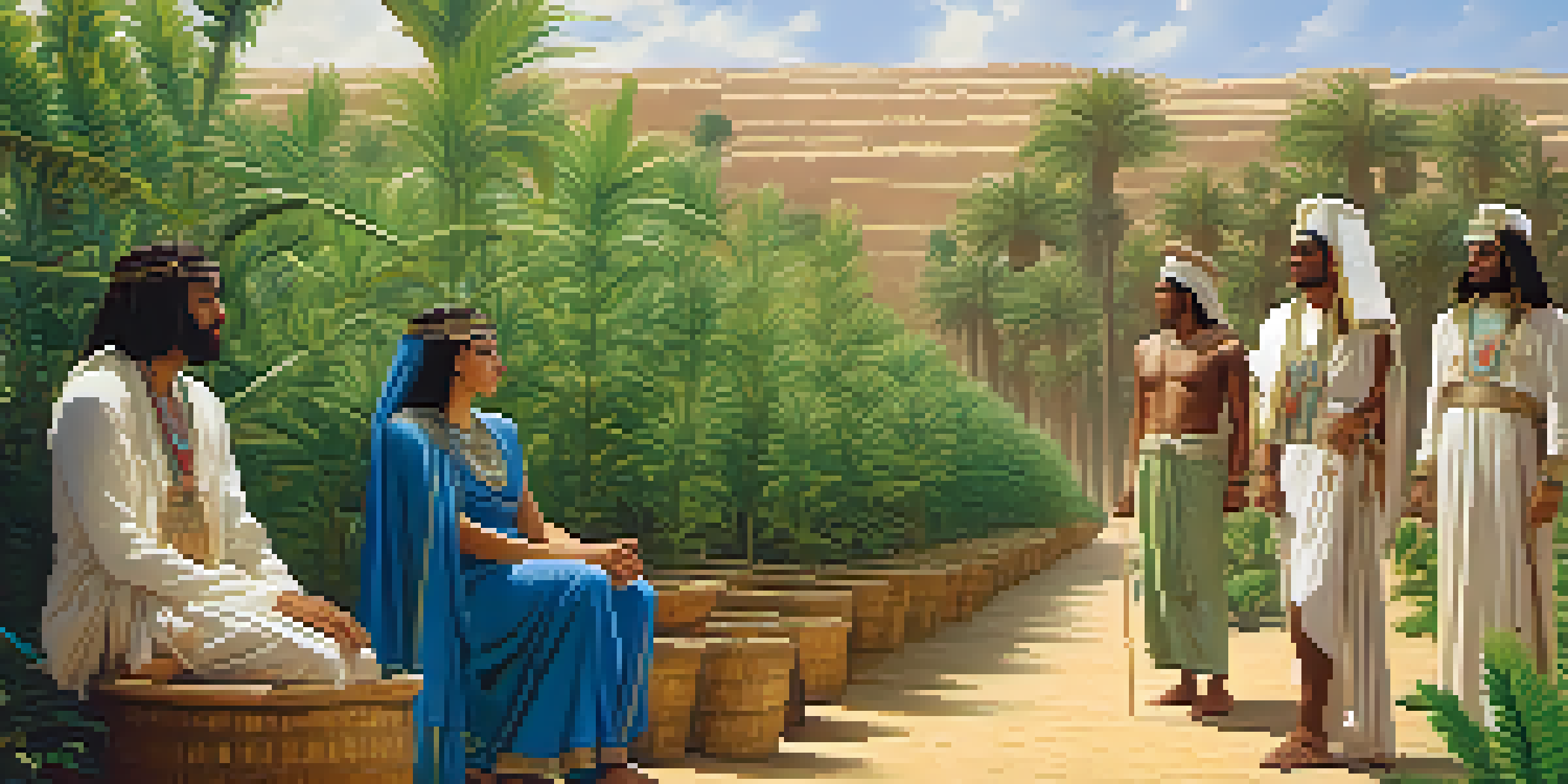 A peaceful scene of ancient Egyptians in a field with marijuana plants, discussing their uses under a bright sky.