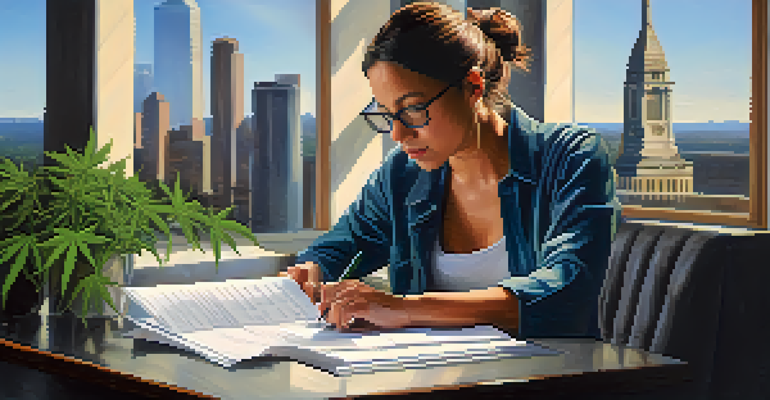 A thoughtful individual reviewing documents on marijuana policy reform, with a cityscape in the background.