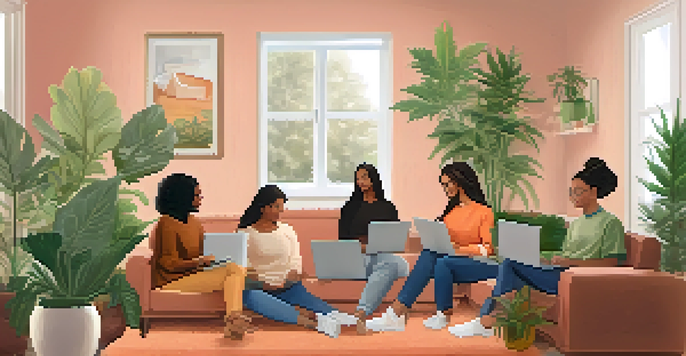 A virtual support group meeting with diverse individuals on laptops in a cozy room, discussing medical marijuana.