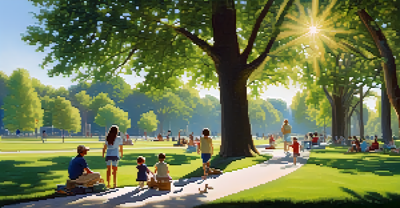 A sunny park scene with families picnicking, children playing, and a couple walking their dog under the shade of tall trees.