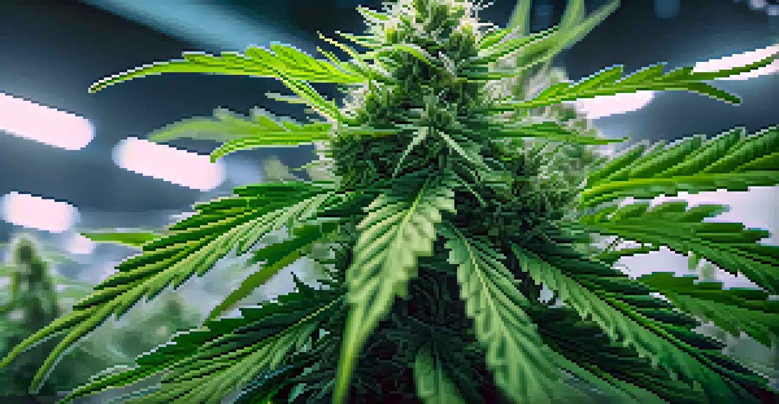 A detailed close-up of a cannabis plant in an indoor grow room, showcasing its vibrant green leaves and buds.