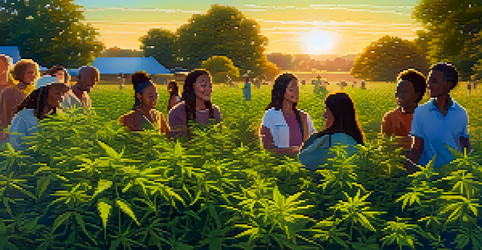 A diverse group of people tending to a field of marijuana plants with a sunset in the background.