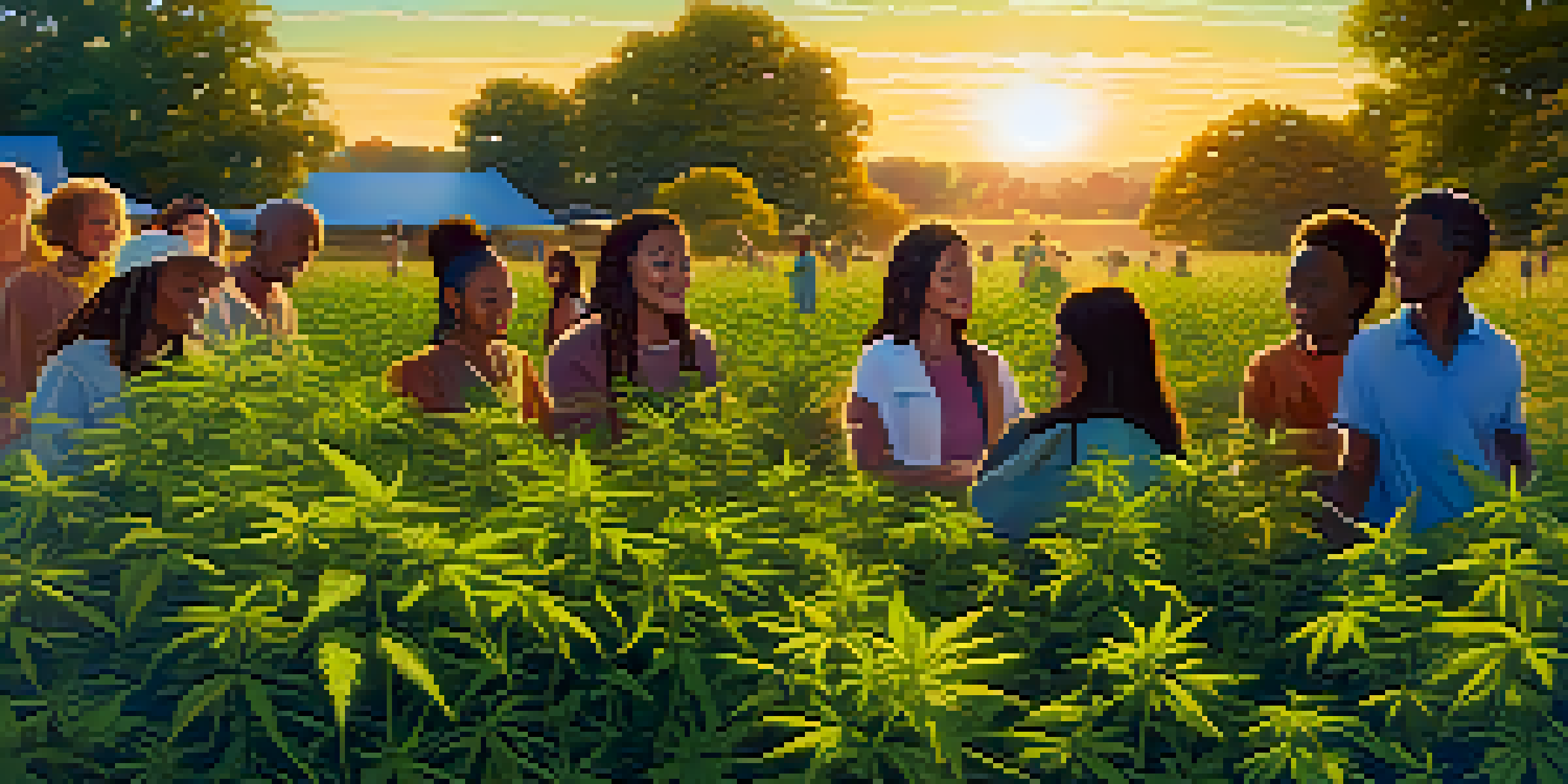 A diverse group of people tending to a field of marijuana plants with a sunset in the background.