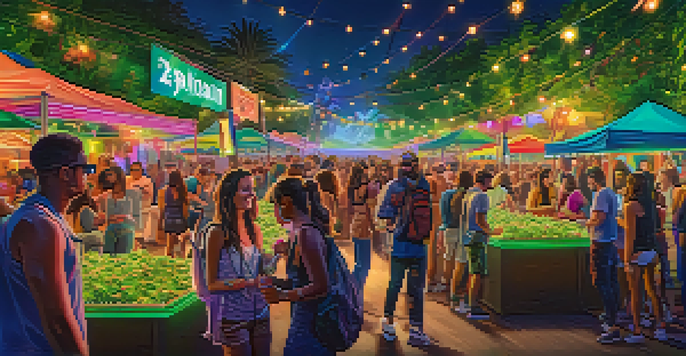 A lively scene from a virtual cannabis festival with people interacting at colorful booths and vibrant digital plants around them.
