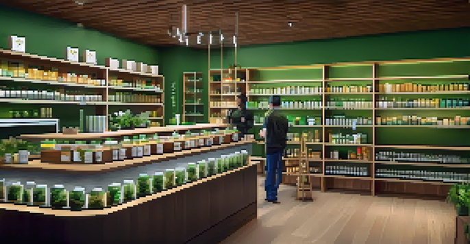 A bright and inviting cannabis dispensary with colorful products and a friendly staff member assisting customers.