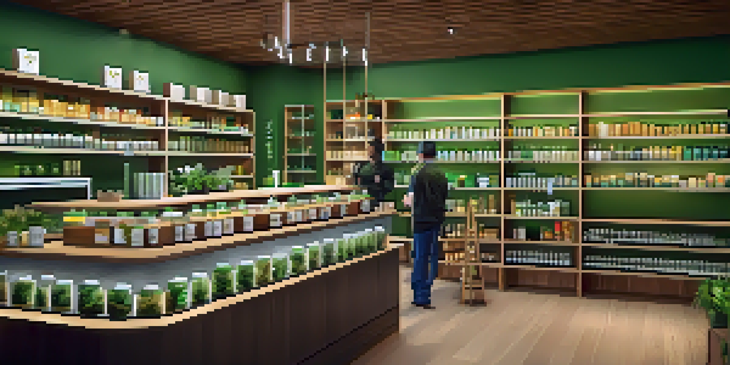 A bright and inviting cannabis dispensary with colorful products and a friendly staff member assisting customers.