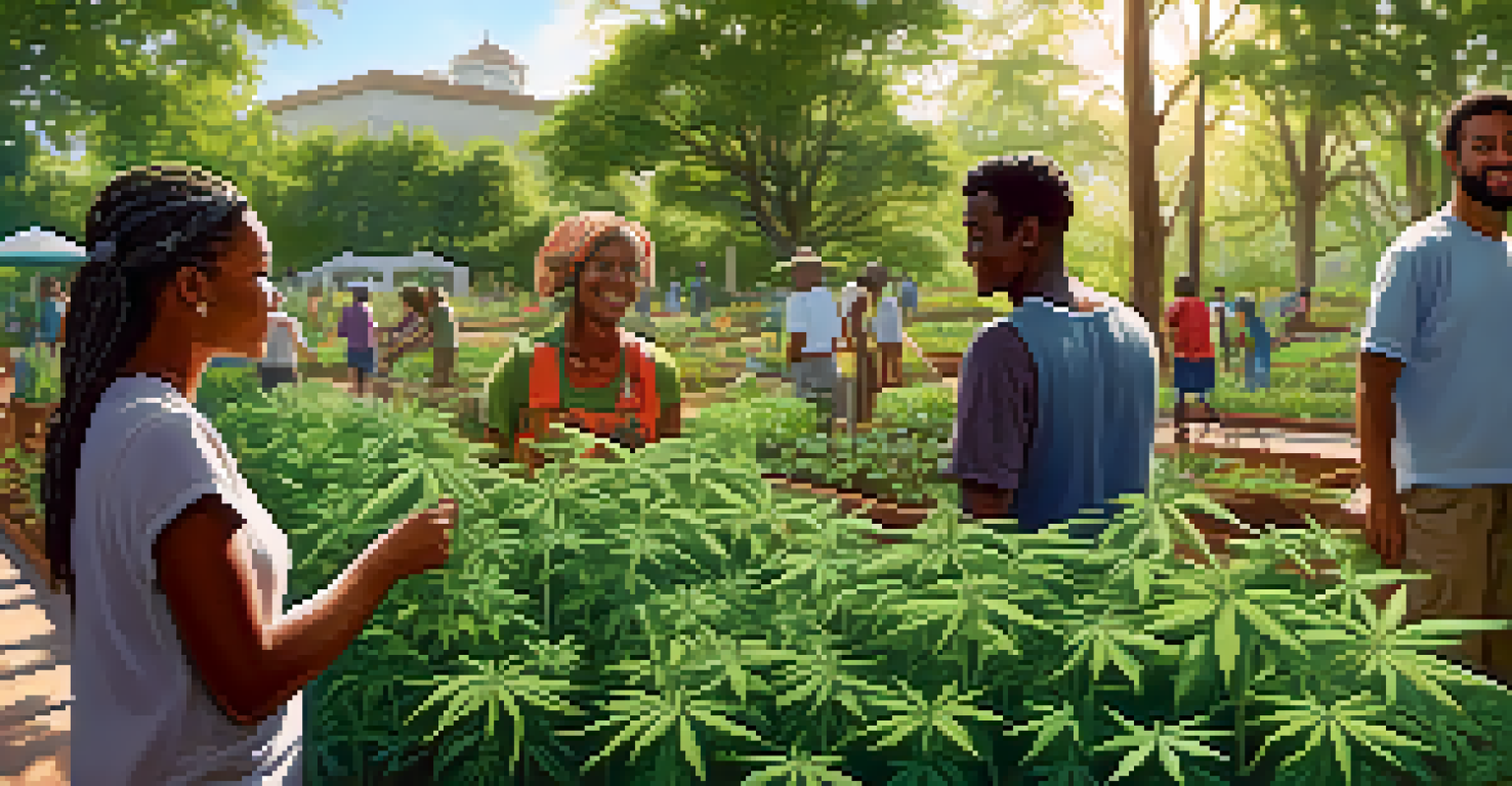A tranquil garden where diverse individuals are caring for cannabis plants, surrounded by greenery and flowers, with sunlight shining through trees.