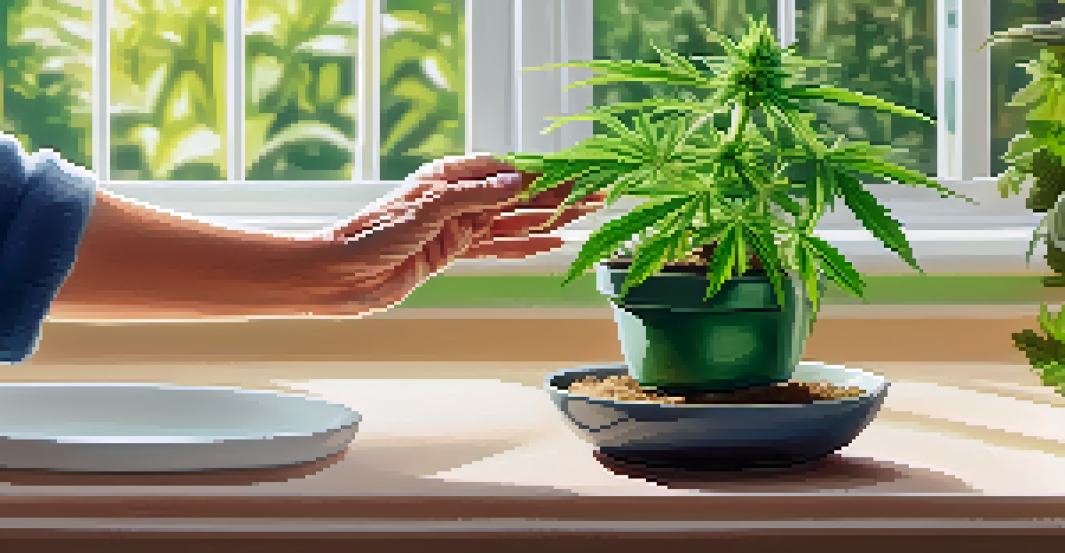 A senior woman holding a cannabis plant, symbolizing health and natural remedies.