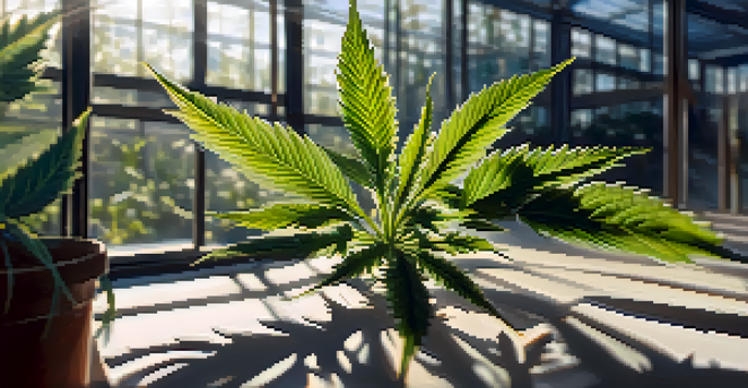 A cannabis plant in a greenhouse with sunlight filtering through glass, highlighting its leaves and buds.
