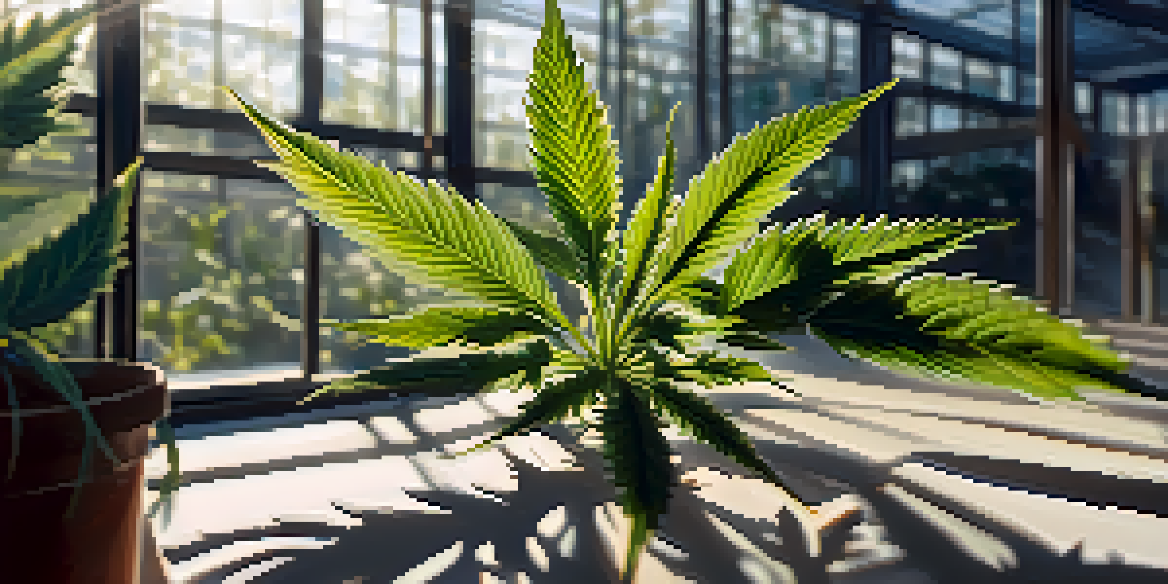 A cannabis plant in a greenhouse with sunlight filtering through glass, highlighting its leaves and buds.