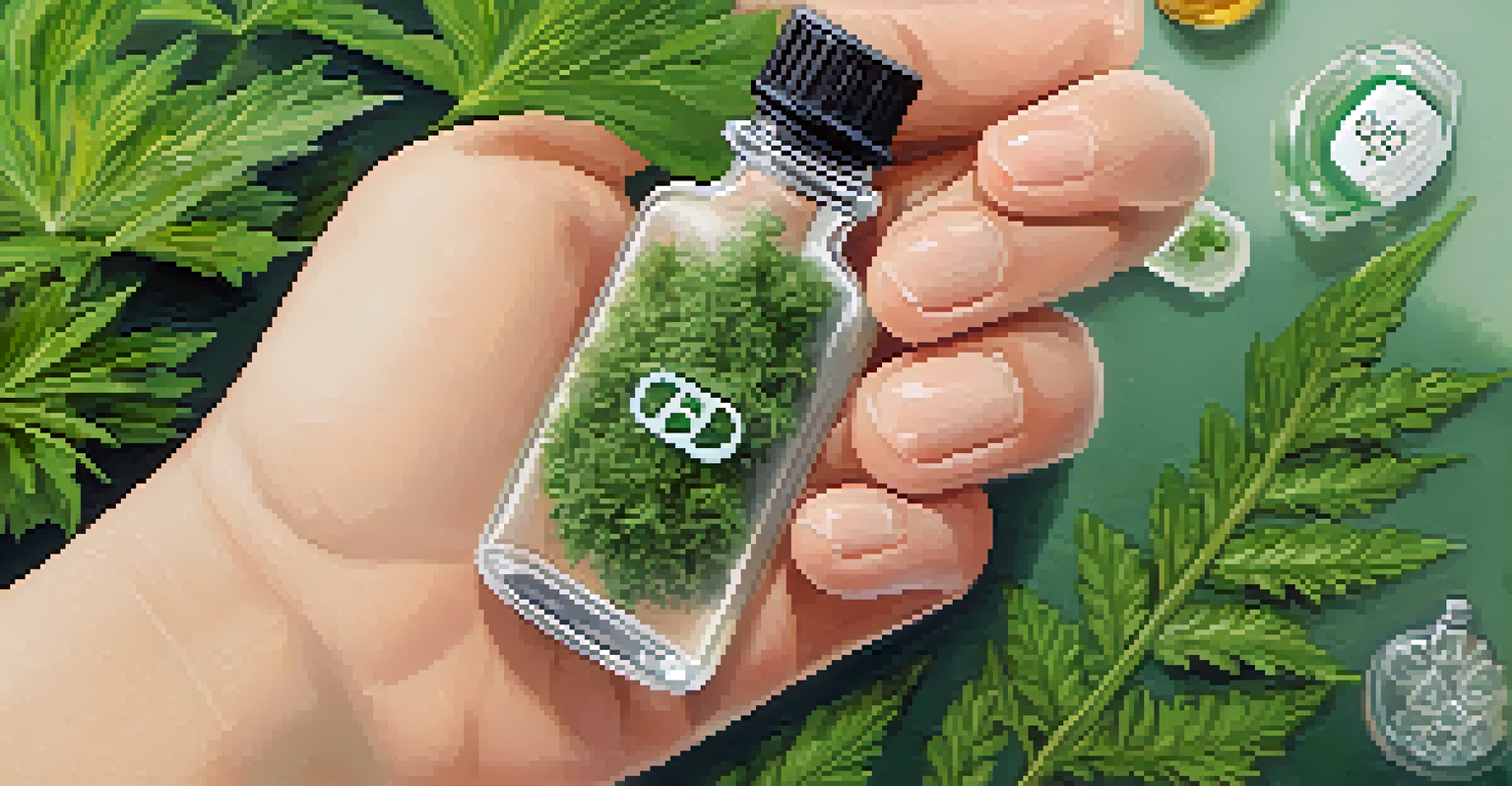 A close-up of a hand holding a glass vial labeled 'CBD', surrounded by calming herbal plants and soft lighting, highlighting its therapeutic nature.