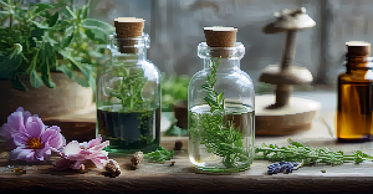 A close-up of a hand holding a glass vial of herbal tincture on a wooden table with fresh herbs and flowers, illuminated by natural light.