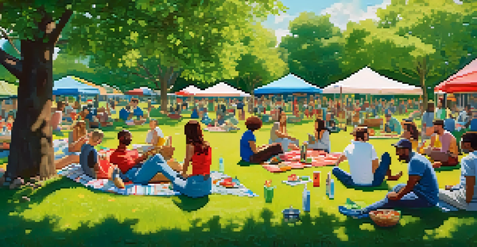 A lively urban park with people having a picnic, some consuming marijuana, surrounded by greenery and flowers, under a blue sky.