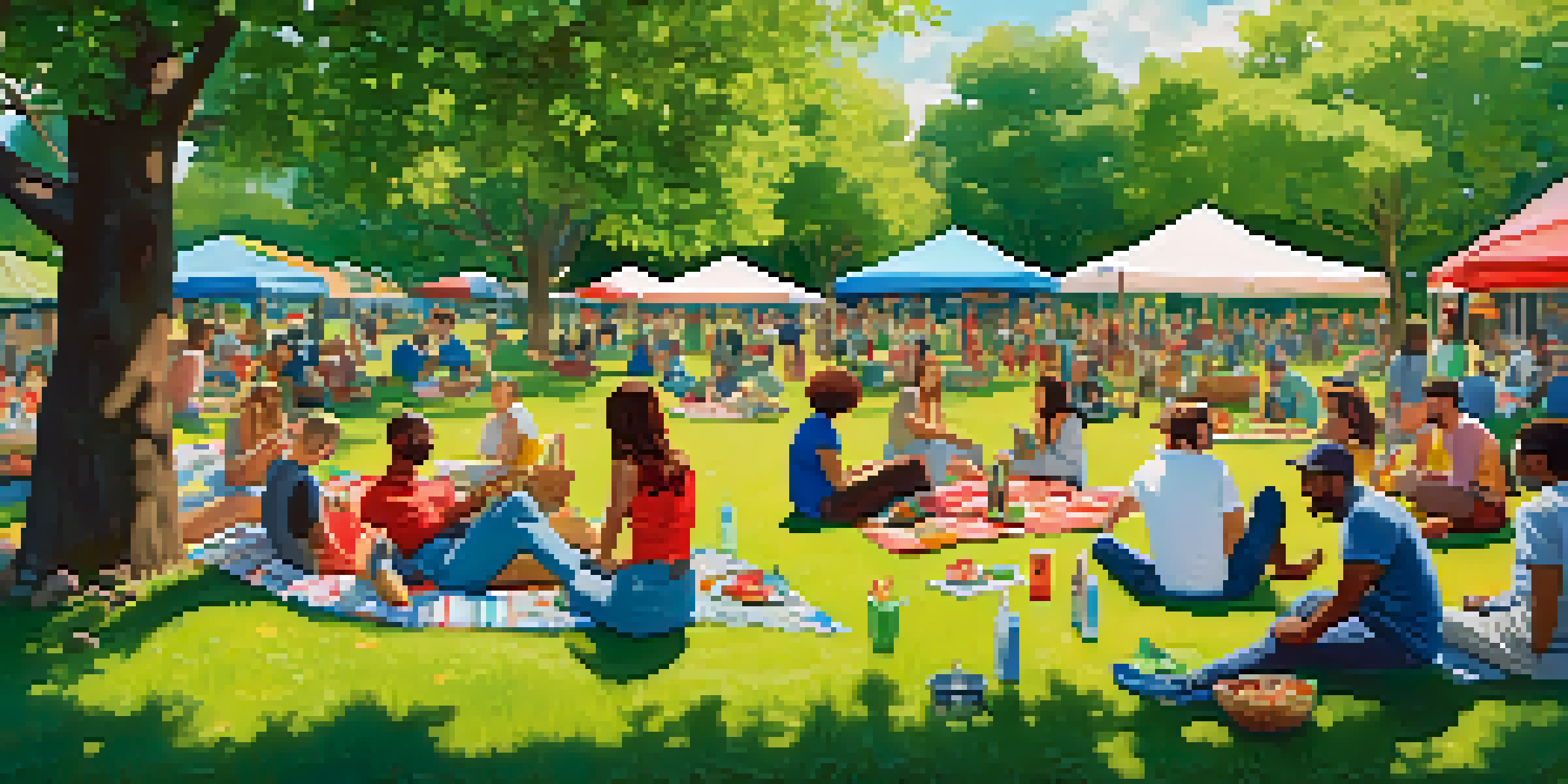 A lively urban park with people having a picnic, some consuming marijuana, surrounded by greenery and flowers, under a blue sky.