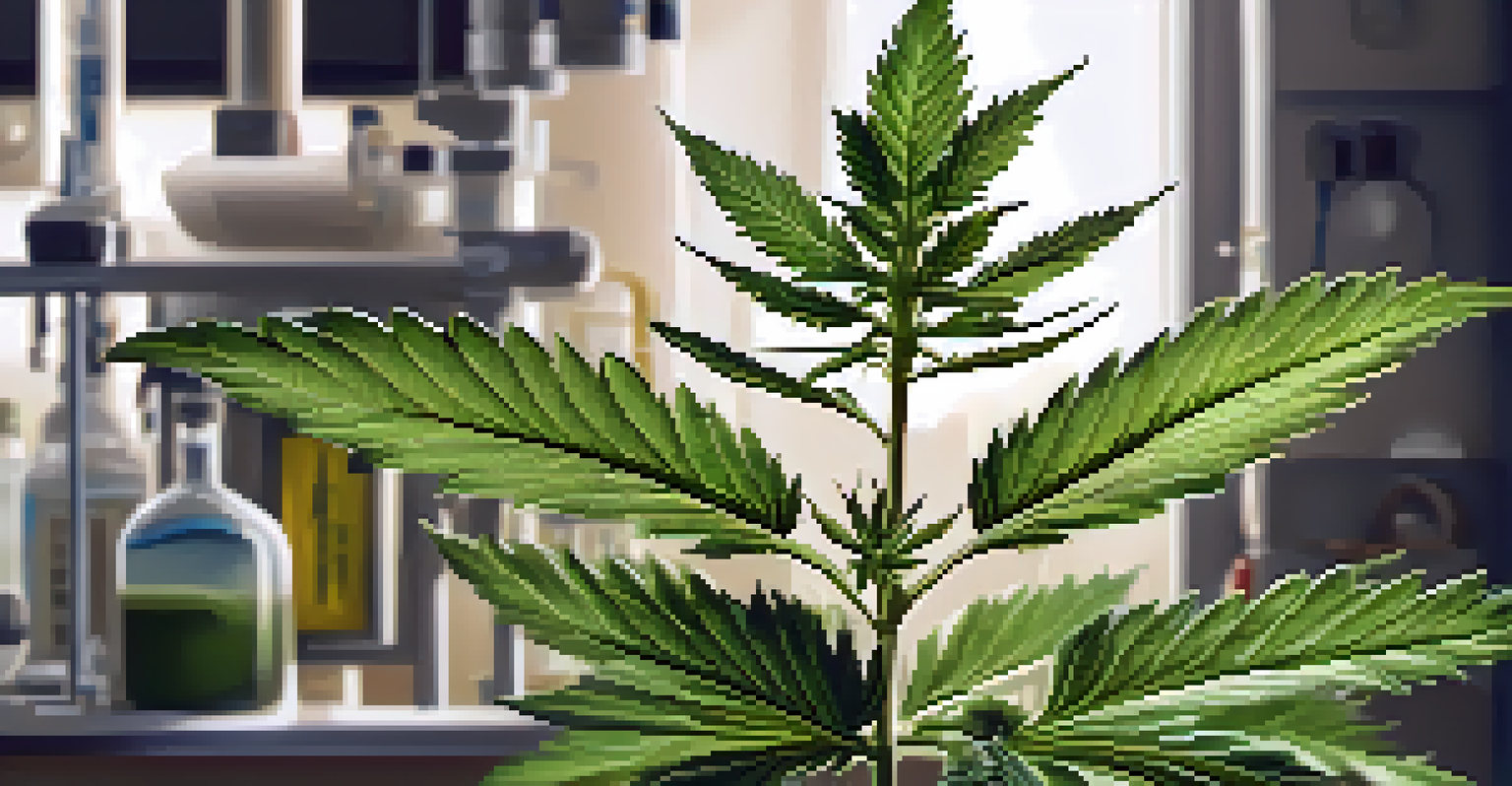 Close-up of a cannabis plant with detailed textures, illuminated by soft sunlight in a laboratory setting.