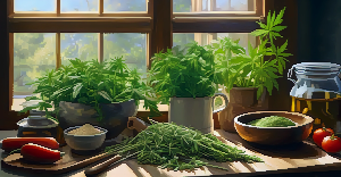 A cozy kitchen counter with fresh herbs, decarboxylated cannabis, and kitchen tools, illuminated by warm lighting.