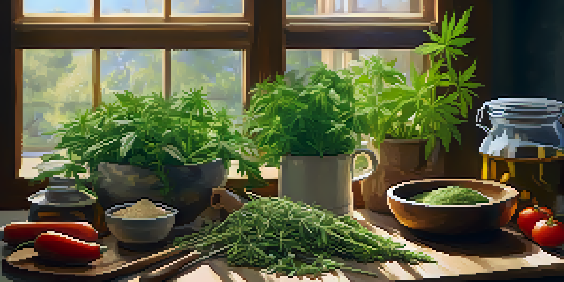 A cozy kitchen counter with fresh herbs, decarboxylated cannabis, and kitchen tools, illuminated by warm lighting.