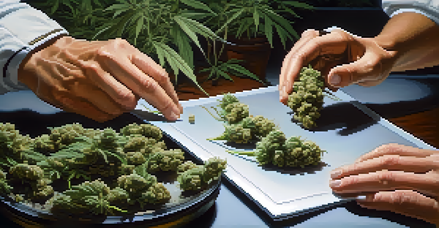 Close-up of hands inspecting cannabis buds, showcasing their textures and colors, with a blurred laboratory background.