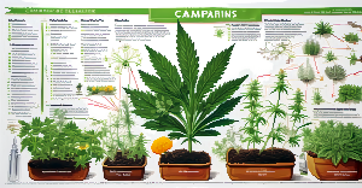 An educational diagram of companion planting with cannabis and various beneficial plants labeled.