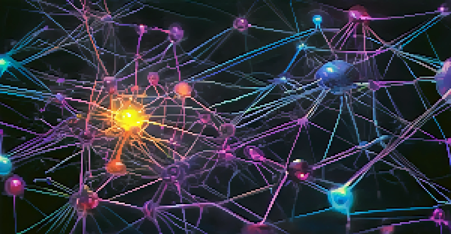 An artistic illustration of the endocannabinoid system, showing a network of receptors and endocannabinoids with glowing nodes against a dark background.