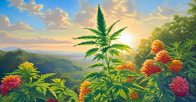 A lush garden with a thriving cannabis plant under sunlight, surrounded by colorful flowers and greenery, against a blue sky.