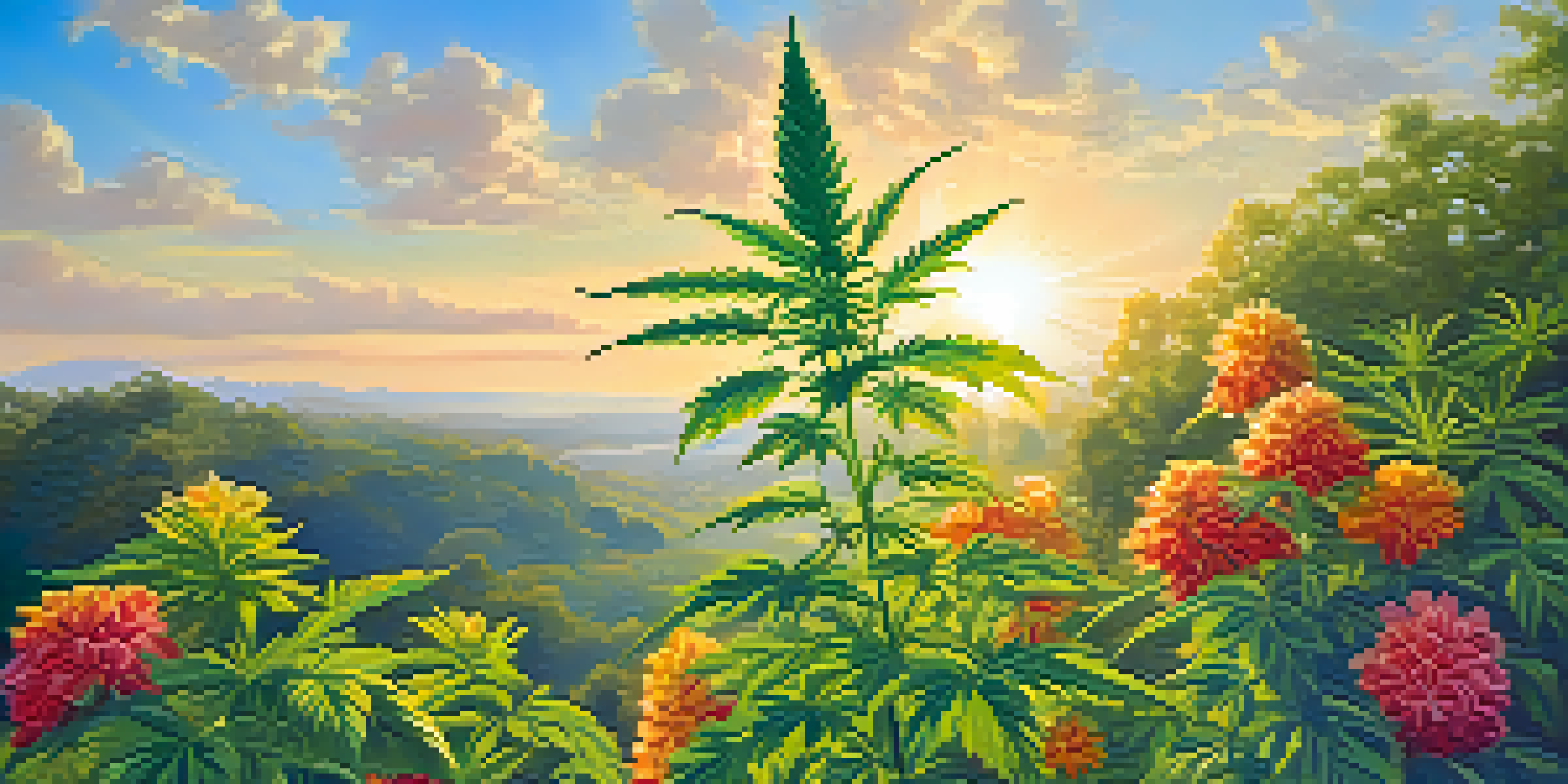 A lush garden with a thriving cannabis plant under sunlight, surrounded by colorful flowers and greenery, against a blue sky.