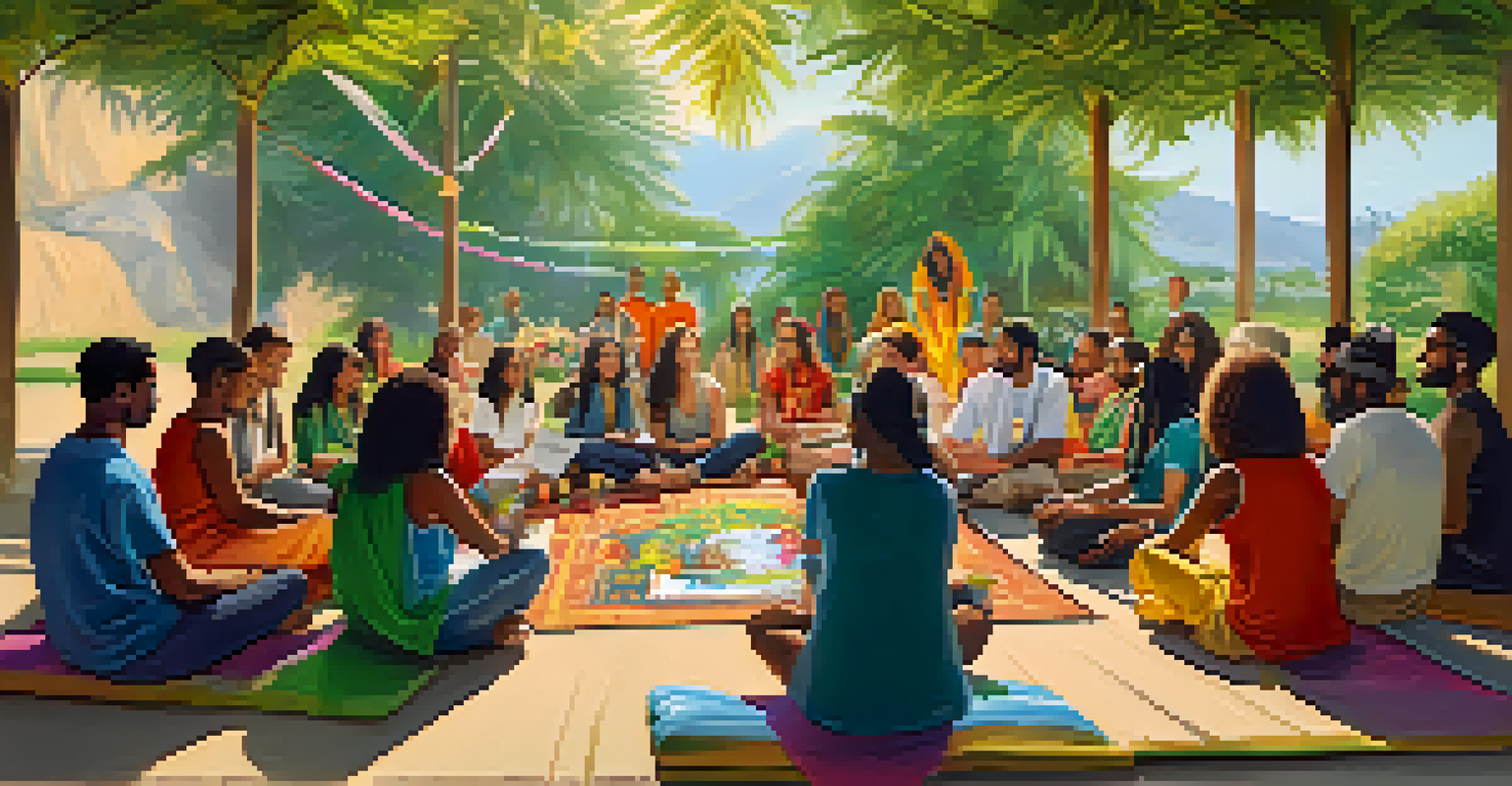 An outdoor workshop on spiritual uses of marijuana, with participants engaged in discussion, surrounded by colorful decorations and plants.