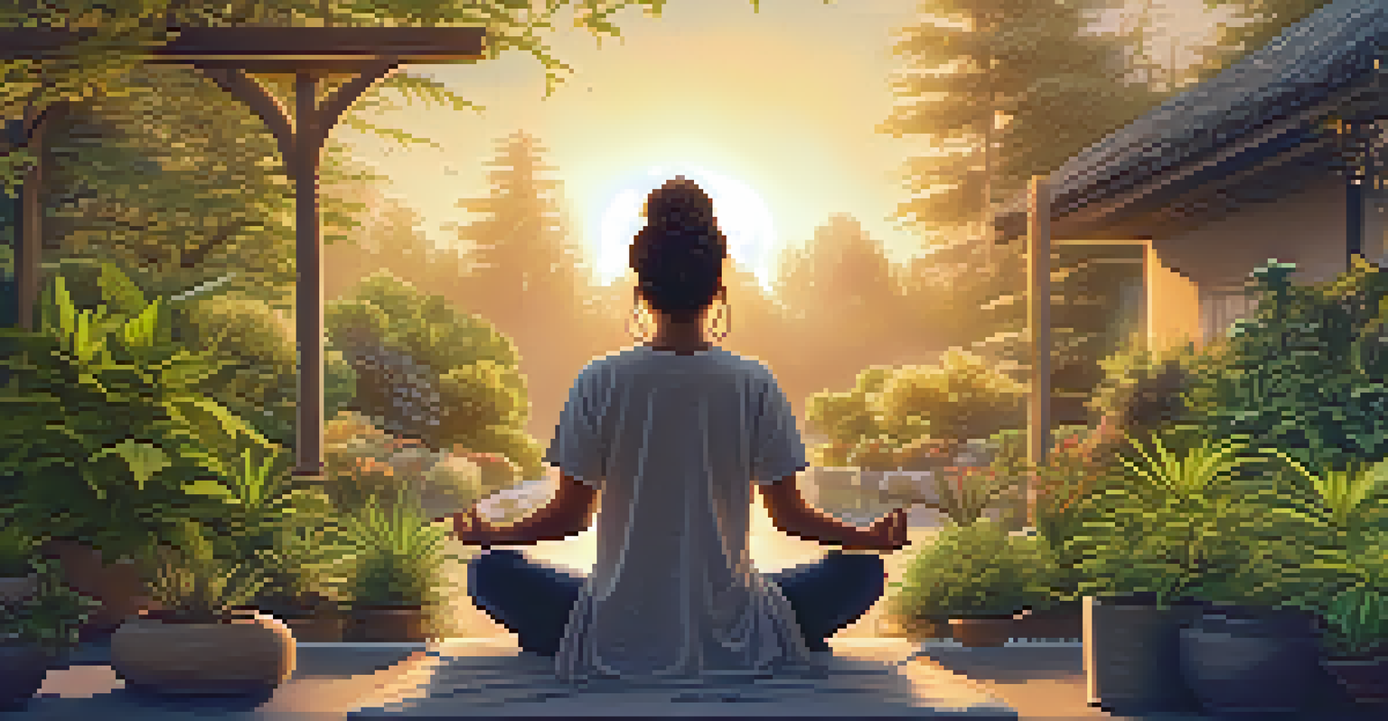 A person meditating in a tranquil garden filled with plants, including cannabis, during sunset, creating a peaceful atmosphere.