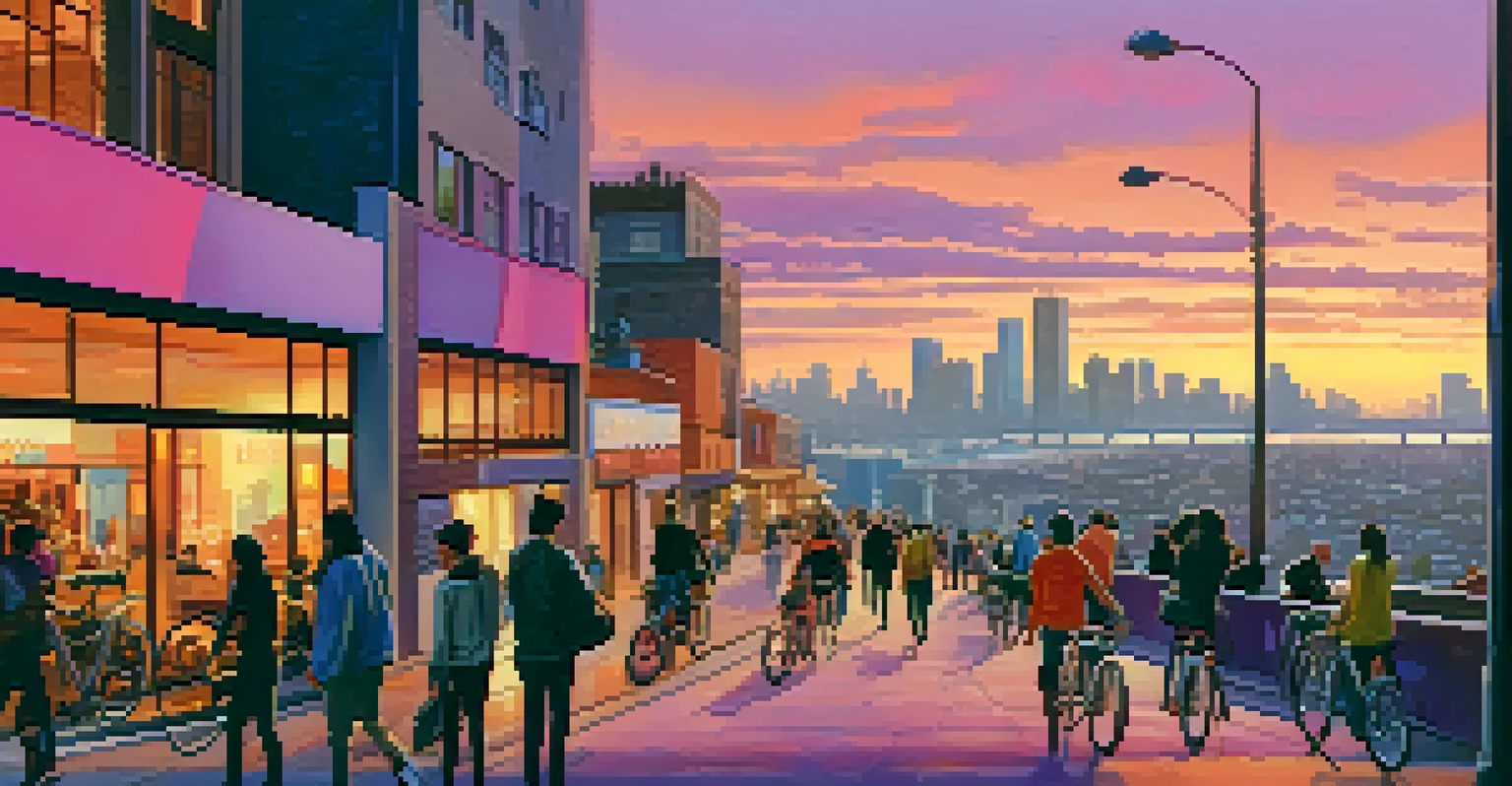 A modern city skyline at sunset, with vibrant colors in the sky and a busy street scene below.