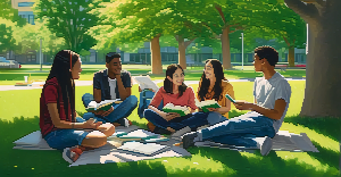 A diverse group of college students sitting on the grass, laughing and engaging in conversation under the sun, with books and laptops around them.