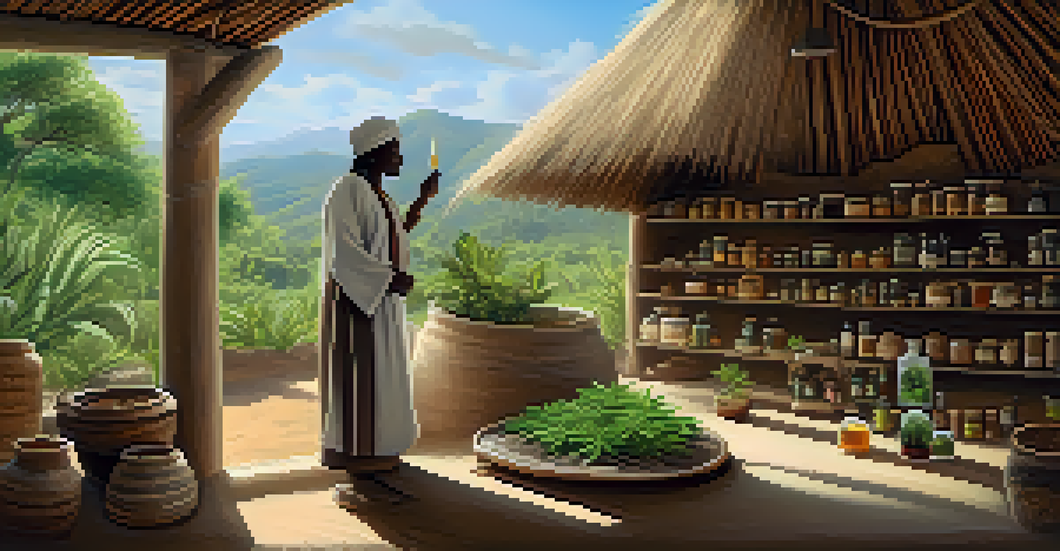 An African traditional healer's hut filled with herbs, including cannabis, with a healer preparing remedies.