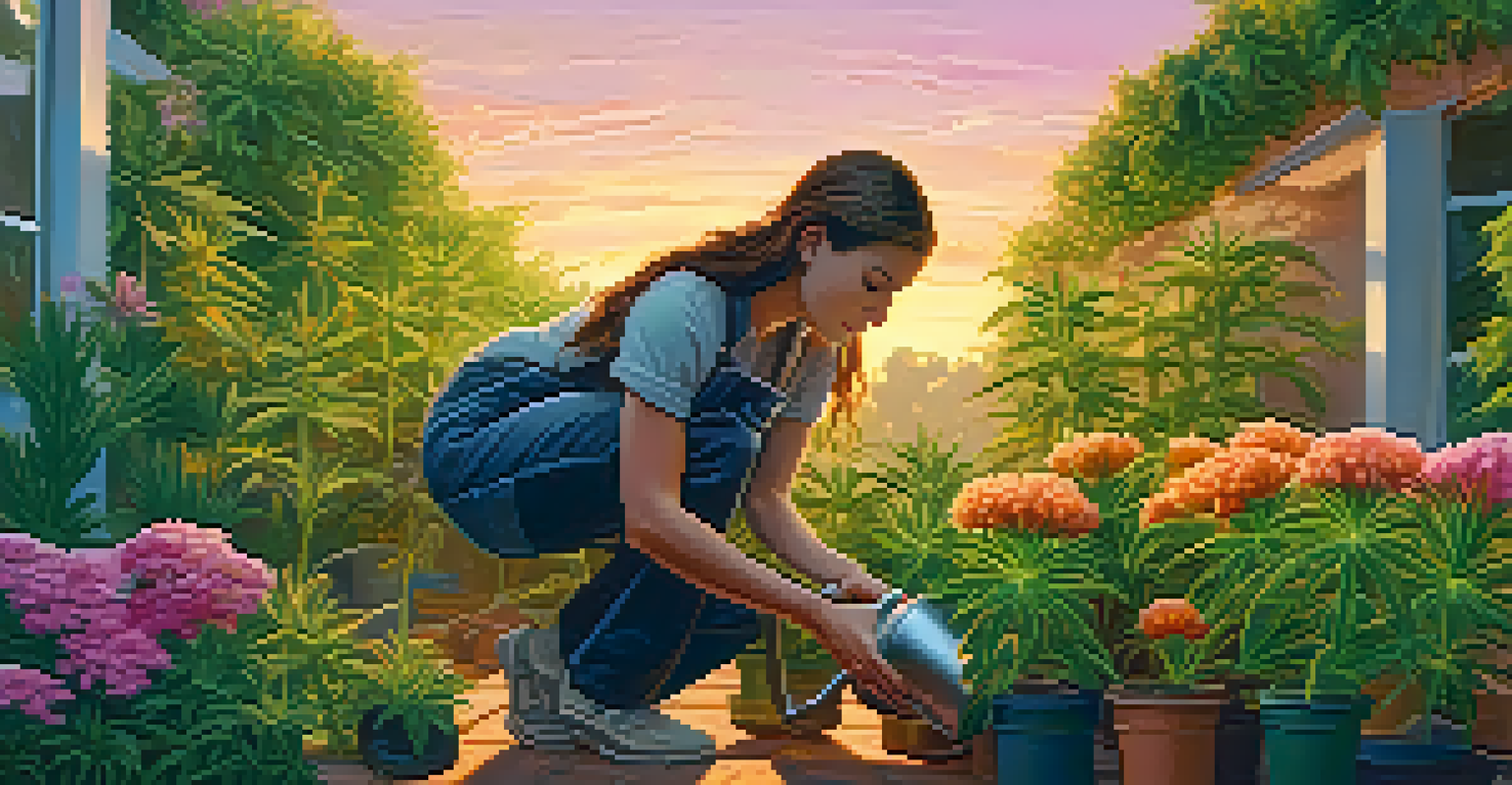 A serene outdoor garden at sunset with a gardener tending to cannabis plants, colorful flowers, and a vibrant sky.
