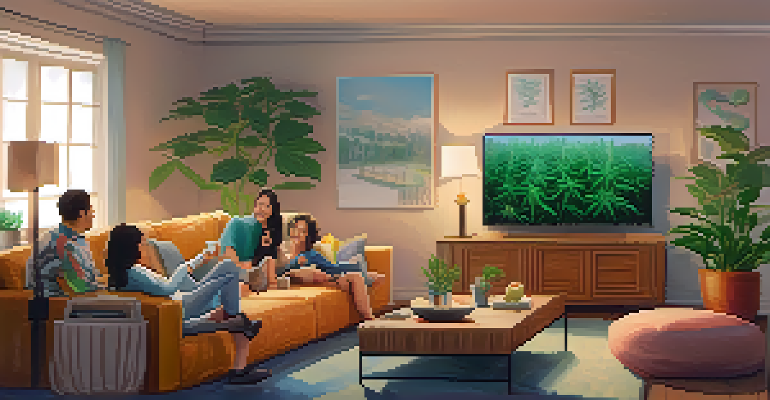 A cozy living room where friends laugh together while watching a cannabis-themed comedy special on a large screen, surrounded by snacks and plants.