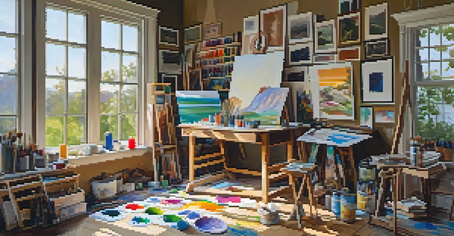 An artist's studio filled with colorful canvases, paint supplies, and natural light illuminating a half-finished landscape painting.