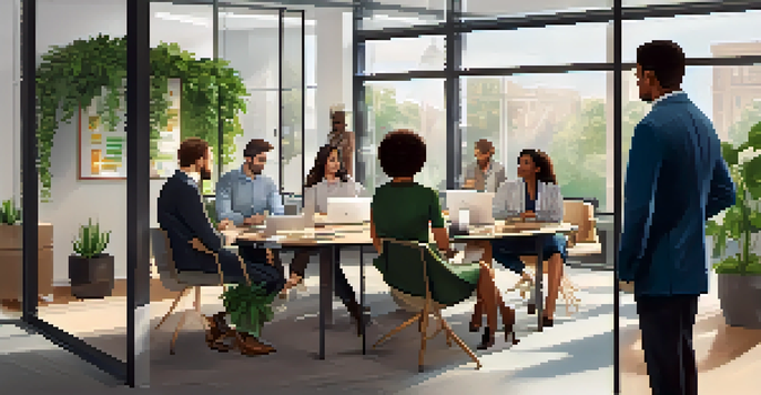 A diverse group of employees discussing workplace policies in a modern office with natural light and plants.