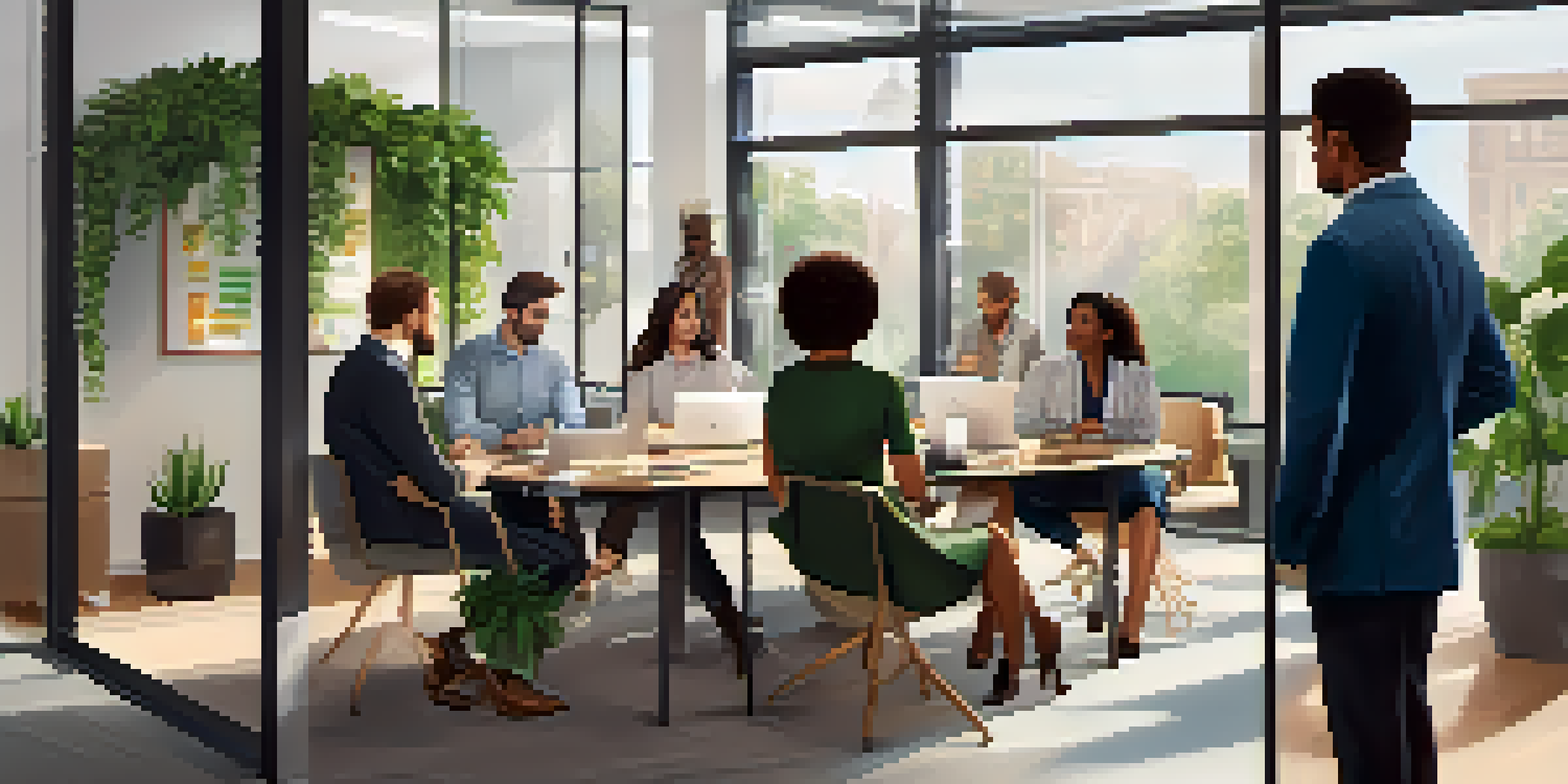 A diverse group of employees discussing workplace policies in a modern office with natural light and plants.